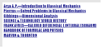 Text Box: Arya A. P.Introduction to Classical MechanicsPierrus Solved Problems in Classical MechanicsGibbingsDimensional AnalysisSCIENCE & TECHNOLOGY WORLD HISTORYFRANK AYRESCALCULO DIFERENCIAL E INTEGRAL (SCHAUM)HANDBOOK OF FORMULAE AND PHYSICSMARYON & THORNTON